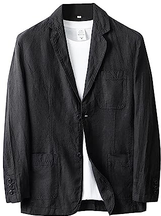 Giacca in lino, da uomo, sportiva, leggera, vestibilità normale, elegante, con 2 bottoni, per il tempo libero, per matrimoni, cocktail, feste, balli di fine anno, Nero , XL