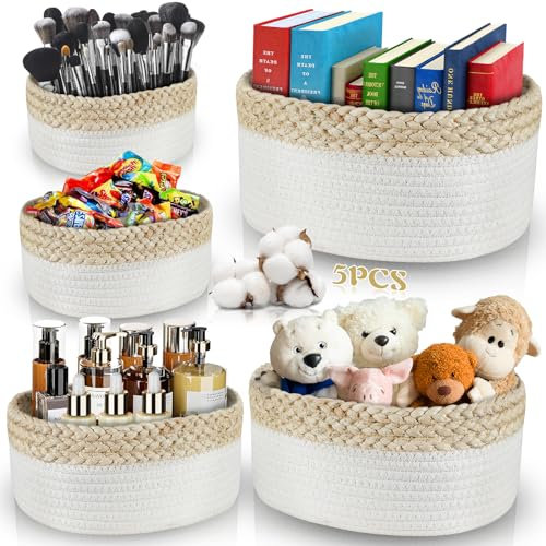 ENCOUN Set 5 Cestini Portaoggetti Intrecciato in Corda di Cotone, Impilabile Organizer Fasciatoio, Cestino Portaoggetti Bagno, cestini portaoggetti bagno per Cameretta, Salotto, Giocattoli, Ufficio