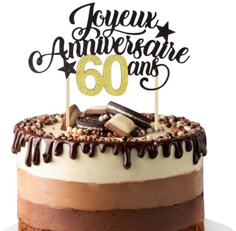 Joyeux Anniversaire 60 ans Cake Topper Décoration de Gâteau Happy Birthday Or Noir Gâteau Cupcake Topper Personnalisée à Paillettes Table pour Mariage Anniversaire Fête
