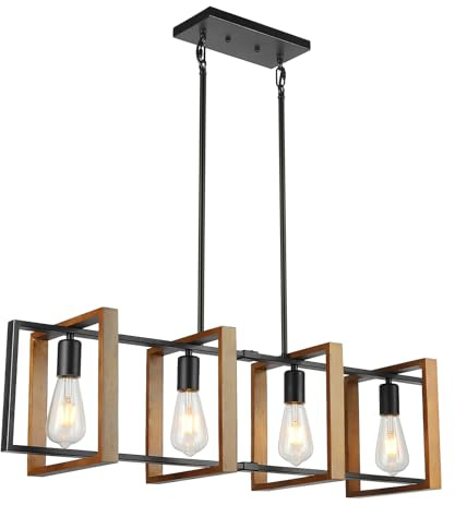 Iluminación de la isla de la cocina de luz negra de 4 luces, lámparas de piscina de madera y metal, lámparas de techo de araña, techo de lámpara de dormitorio ajustable de altura de araña Industrial