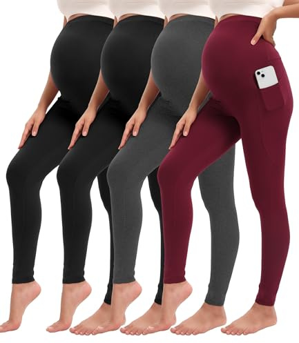 Siimcuzy 4 Pack Women’s Maternity Leggings with Pockets Over The Belly Pregnancy Workout Yoga Pants Activewear 2 Black 1 Heather Grey 1 Wine Medium