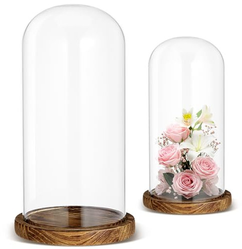 Suclain 2 Pcs Glass Cloche Dome with Base 7”/10” Decorative Glass Display Dome Tabletop Bell Jar Showcase for Plant Flower Storage Antique Collectibles Keepsakes Toy Medal Specimens Crafts Decorations
