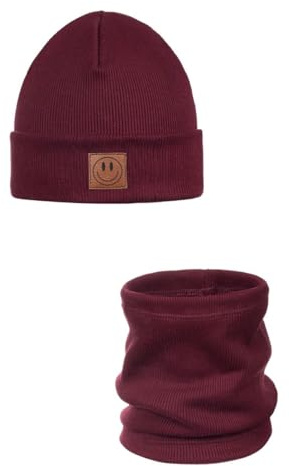 Ander Beanie - Conjunto de bufanda para niños y bucles Smile, gorro y bufanda tubular de algodón, primavera y otoño, unisex, suave y elegante, burdeos, 48-52