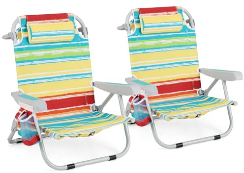 GIANTEX Chaise de Plage Pliable avec Sac à Dos, Chaise de Camping en Aluminium, Dossier Réglable en 5 Positions, Poches de Rangement, Appuie-tête Amovible (65 x 66 x 78 cm,Rayures Colorées,2)