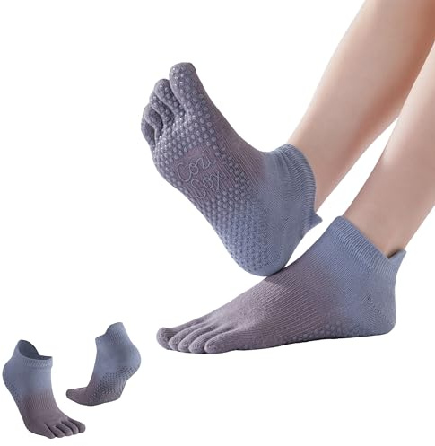 CoziSox 2 Pares Calcetines Antideslizantes Mujer - Calcetines Yoga Antideslizantes Cinco Dedos con Soporte del Arco, Calcetines Pilates Mujer para Fitness Danza de Algodón Degradado, Gris, M