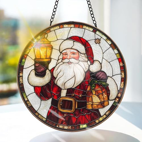 Bimkole JultomtenFönsterhänge I Målat Glas Med Solfångare -Jul Hängande Fönsterdekoration - för Trädgård, Fönster och Dörr, Jul, Handgjord Suncatcher Dekor 20x20 cm