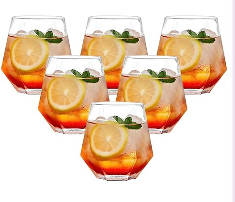 Lydlrum 6PCS Clear Diamond Whiskey Glasses, Set of 6 Water Juice Tumbler Tilted Scotch Glass 300ml Whisky Glass, Glassware for Bourbon/Rum/Bar Tumbler
