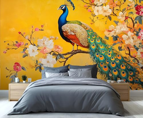 YXQAIED Peacock Wallpaper, Peacock Floral Mural Wallpaper, Traditional Animal Not Self-Adhesive Large Wall Murals for Living Room Bedroom Home Decor, 200x140cm