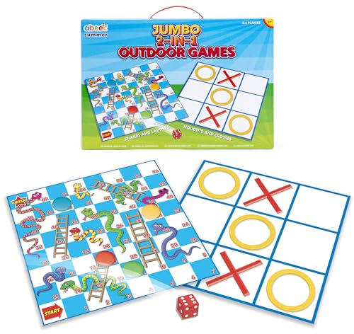 abeec Giant Snakes and Ladders Garden Game for Kids | 2 in 1 with Giant Noughts and Crosses | Two 90cm Mats, Oversized Pieces and Ground Pegs | Outdoor Family Game Ages 3+