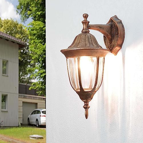 Licht-Erlebnisse MILANO Aplique exterior rústico de estilo campestre en color cobre antiguo IP44 Lámpara de pared E27 Farol ideal para Patio Jardín