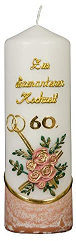 Meissner-Handel Auswahl * Stumpenkerze ''Zur Diamantenen Hochzeit'' * 6 x 18 cm * Terracotta * mit farbigen Wachsauflagen * (Motiv 004) Auswahl Motiv + Farbe