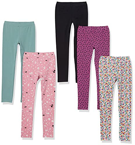 Amazon Essentials Legging Fille, Lot de 5, Blanc Jaune Floral/Noir/Rose Fleurs/Vert Turquoise/Violet Points, 8-9 ans