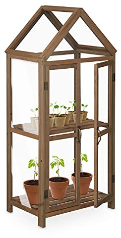 Relaxdays Växthus balkong, trä och plast, HBT 146 x 66 x 47,5 cm, dubbeldörr, växtskåp odling, växthus, brun