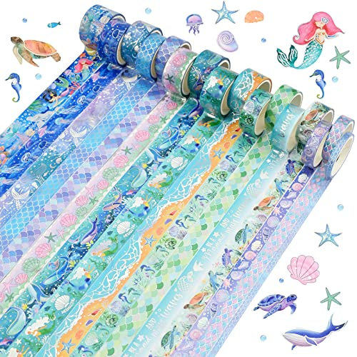 16 Rollen Washi Tapes Set, Meerjungfrau Thema Dekorative Masking Tape, Scrapbook Zubehör Washi Tape Sets für DIY, Kunsthandwerk, Tagebuch, Kalender, Alben, Geschenkverpackungen, Scrapbooking