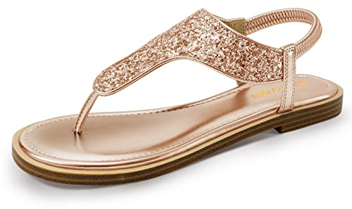PIZZ ANNU Womens Glitter Flat Sandals Sparkly Toe Post Flip Flops T-Bar Thong Summer Beach Sling Back Ladies Shoes Rose Gold Size 7.5