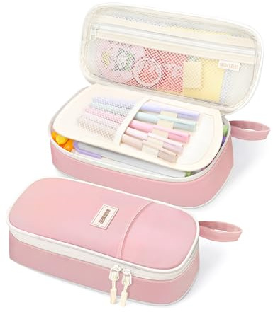 SUNEE Large Capacity Pencil Case with Compartments and Handle, Aesthetic Pen Pouch Organizer, Big Storage Portable Pencil Bag for Girls, Boys, Adults, School and Office Stationery Supplies, Pink