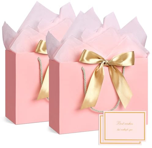 BBLIKE Geschenktüten 2 Stück Papiertüten mit Schleifenbändern + 2 Grußkarten + 4 Taschentüchern, Geschenktaschen mit Henkel Partytüten Bodenbeutel Kreuzbodenbeutel für Geburtstag Hochzeit Feier Party