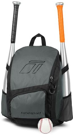 Tonesport Youth Baseball Bag - Backpack for Baseball, Softball, Tball - Bat Bag for Youth - Iron Grey