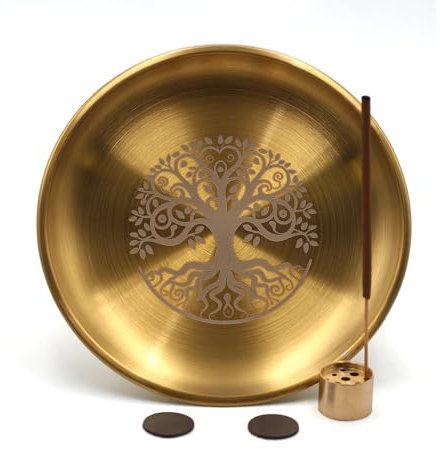 Assiette rituelle d'autel de 14 cm en acier inoxydable - Plateau rond en métal - Plateau à bijoux astrologie - Tarot - Anneau - Pour décoration - Doré (arbre de vie doré)