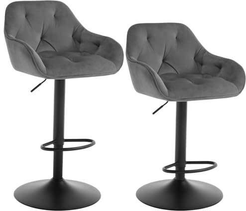 WOLTU Barhocker 2er Set, Barstuhl höhenverstellbar drehbar, Drehstuhl mit Samtbezug, Hocker mit Armlehmen Fußstütze, Tresenhocker Thekenhocker, für Bar Theke, aus Metall, Dunkelgrau, BH405dgr-2