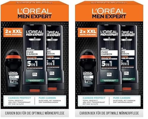L'Oréal Men Expert Geschenkset für Männer mit 5-in-1 Deodorant und XXL 5in1 Duschgel für Haar, Körper und Gesicht, Vorteilspack mit Carbon Protect Deoroller und Pure Carbon Bodywash, 3-teilig