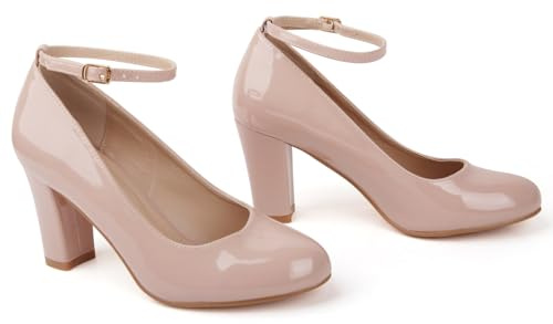 Bismaa Womens Unisex Buckle Ankle Strap Mid Block Heel Shoes Plus Size 9 10 11 12 (Nude Patent, Numeric_11)