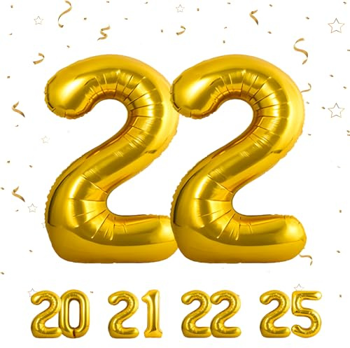 Globos de 22 cumpleaños,Dorado 22 pulgadas Globo número, 22 decoraciones de Globo número cumpleaños para hombre y mujer, Globo inflable de lámina de Dorado 22