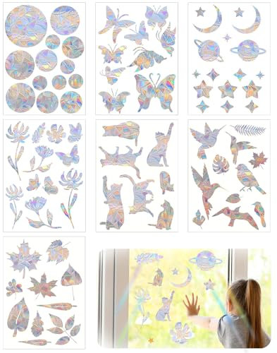 Ksvaye 78 Stück Suncatcher Sticker Prisma Fensteraufkleber Vogelschutz Aufkleber für Fenster Außen Vogelaufkleber für Fensterscheiben Statische Haften Fensterfolie Fensteraufprallschutz (7 Blätter)