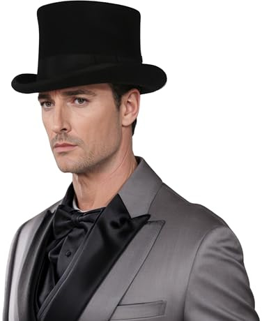 hatsXcaps Wool Felt Top Hats for Men and Women - Classic high Crown with Removeable Feather & Satin Lining - Western Style Top Hat for Outdoor Adventures (UK, Alpha, XL, Standard, Mystery Black)