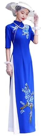 LVYUDS Robe Vietnam pour Femme Ao Dai Broderie Demi-Manches Longue Cheongsam Spectacle Traditionnel Mi-Long Qipao Dîner Fête