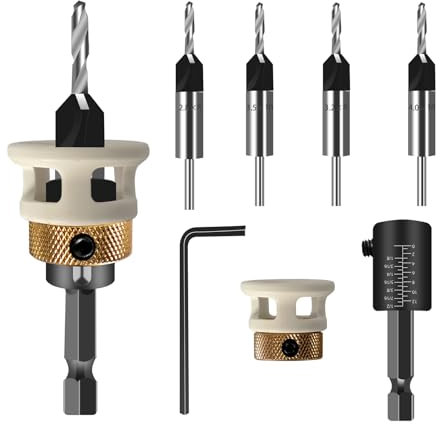 LURICO Juego de 6 Brocas Cónicas para Madera con Mango Hexagonal de 1/4, Broca Helicoidal con Tope de Profundidad, Broca Helicoidal para Madera con Escariador