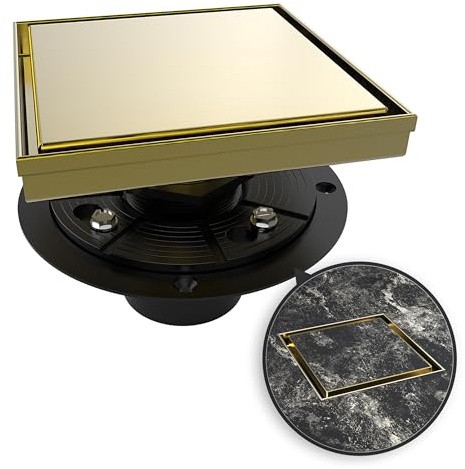 WEBANG 6 Inch Square Shower Drain Gold Floor Drain with Flange Reversible 2-in-1 Cover Tile Insert Grate Removable SUS304 Stainless Steel CUPC Certified Brushed Gold