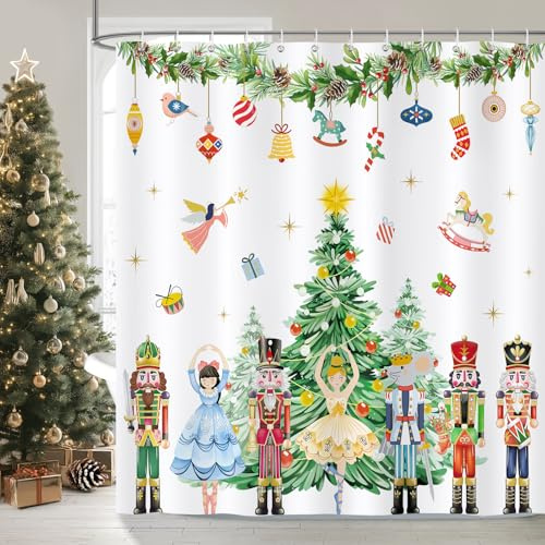 Bonhause Rideau de Douche Noël Casse Noisette Arbre de Noël Hiver Rideau de Bain Tissu Polyester Anti Moisissure Imperméable Lavable Rideaux Salle de Bain 180 x 180 cm avec 12 Crochets pour Baignoire