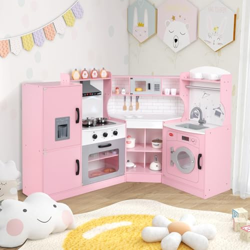 RELAX4LIFE Cucina Giocattolo per Bambini, Mini Cucina in Legno, Suoni e Luci Realistici, Cucina Giocattolo con Lavello, Fornelli, Microonde, Frigorifero e Accessori, per Bambini 3+ Anni (Rosa)