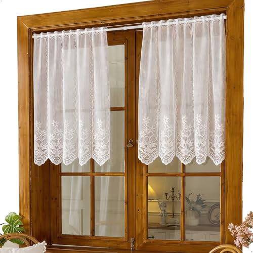 lemgyiamz Tende Cucina, Tendine per Finestre, Tende A Vetro Semitrasparente Corte, Motivo Floreale Piante Pizzo, Poliestere, Passaggio Asta, per Cucina Caffè, Bianco