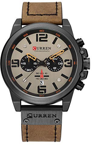 Herrenuhren, Militär-Uhren für Herren und Herren, Lederarmband, analog, Quarz, Chronograph, Datumsanzeige, Sportuhr für Herren, Braun, Chronograph, Quarz-Uhrwerk