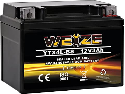 Weize YTX4L-BS High Performance-Rechargeable-Sealed Motorcycle Battery Compatible With Polaris Scrambler, Sportsman 90, Honda Scooters NQ50 Spree,Kawasaki 110 Can-Am DS70,Yamaha TTR125E/LE