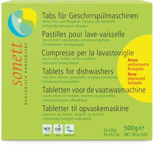 Sonett Dishwasher Tabs, 1000 g, 2 x 20 g Sample Pack, 500 g Box (25 Tabs x 20 g), 800 Pieces Loose, Organic Certification, No Fragrances, Phosphate Free, Tablet, Dishwasher Liquid
