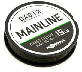 Korda Basix Camo Green Main Line 500m - 15lb Abrasion-Resistant Carp Fishing Line, Low-Stretch, High Knot Strength, Ideal for Long Casting