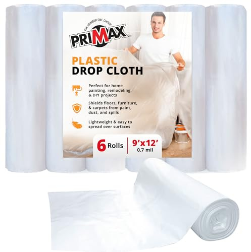 PRIMAX Clear Plastic Drop Cloth 9x12 ft (6 Pack) – Waterproof Painters Plastic Sheeting for Painting, Furniture Covers & Dust Protection – Easy Cleanup, Mess-Free Solution for Painting or Renovations