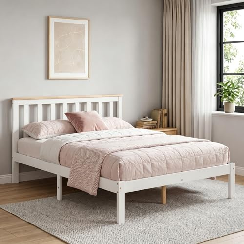 Panana Double Bed Frame for Adults Kids Childeren, 4FT6 Solid Pine Wood Bed, Without Footboard, Suits135 * 190cm Mattress (White+Wood)