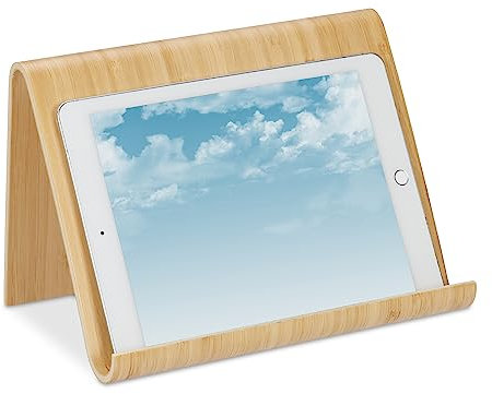 Relaxdays Soporte Tablet Madera, Escritorio, Cocina, Cama, Atril Libros, Diseño Moderno, Apoyo Leer, Recetas, Natural, 17 x 26 x 15.5 cm