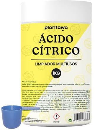 PLANTAWA Acido Citrico 1 kg | Acido Citrico polvo para desincrustar cal y limpiar superficies | Limpieza efectiva sin perfumes | Envase práctico y resistente