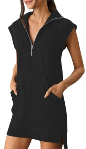 UFZKOOEP Mini robe de sport sans manches avec demi-fermeture éclair et col en V pour femme, Noir , XXL