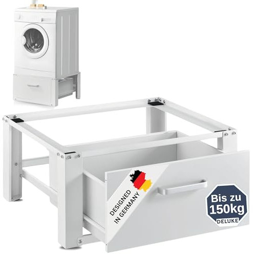 DELUKE® Waschmaschinen Untergestell mit Schublade SION - 63x54cm Stahl, Universal | Waschmaschinen Unterschrank Waschmaschinen Sockel Trockner Untergestell bis 150 kg | Weiß