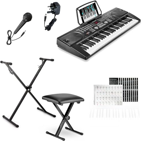Crystals 61-Key Digital Keyboard Piano Set for Beginners with Adjustable Keyboard Stand, Padded Piano Stool & Microphone – LCD Display, 128 Timbres & Rhythms, Record Mode, Headphone Jack - Black