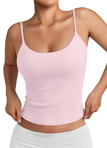 Trendy Queen Double Lined Adjustable Spaghetti Strap Tank Top for Women Cute Summer Basic Crop Top for Teen Workout Going Out Light Pink S