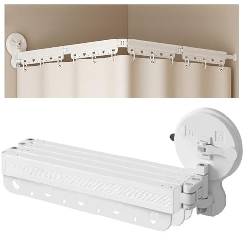 EHERDM Barra de cortina de ducha plegable montada en la pared, sin perforaciones, ventosas, plegable de 360°, para baño, esquina, bañera, estante retráctil para lavandería, 4 pliegues, 54 pulgadas