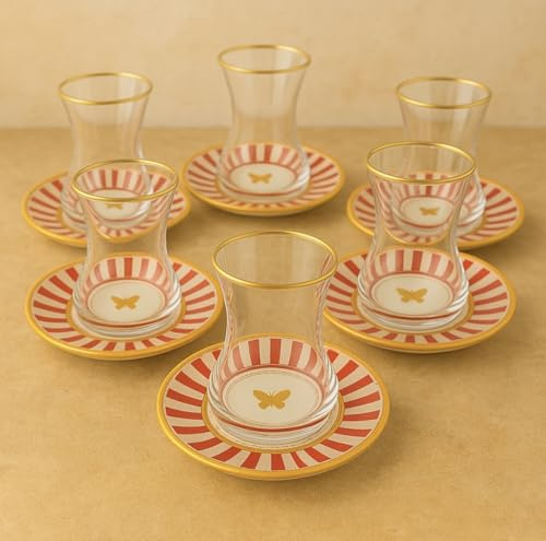 Turkiskt Teeglas-Set med Fat – 6-delars Set – Glas med Guldkant – Röd-Guld Ränder och Fjärilsmotiv – Elegant Servering för Gäster