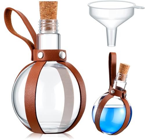 Baderke 1 Set Plastic Potion Bottle for Drinks 8 oz Round Spherical Bottle with Cork Stopper Wizard Potion Jar Kit Cosplay Accessories with Leather Belt Candy Jar for Party Decorations(Coffee)